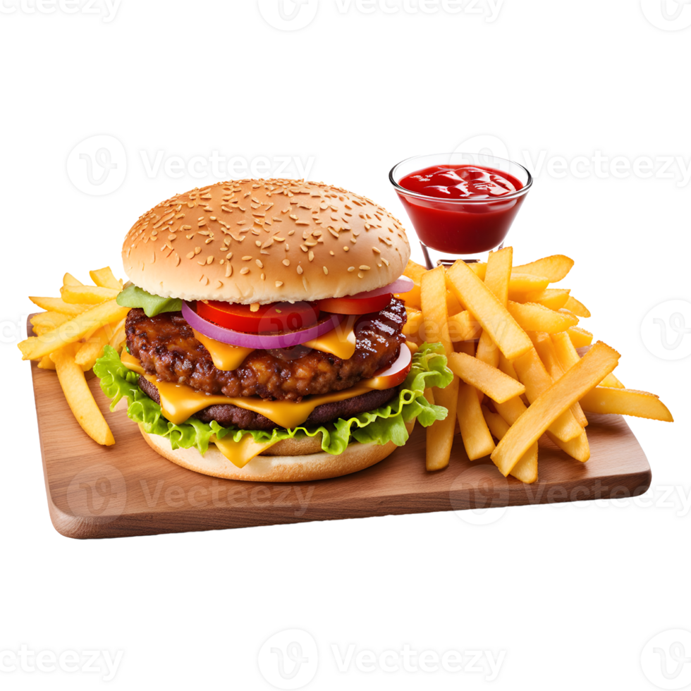 AI generated Tasty Hamburger with Fries Isolated on Transparent Background png