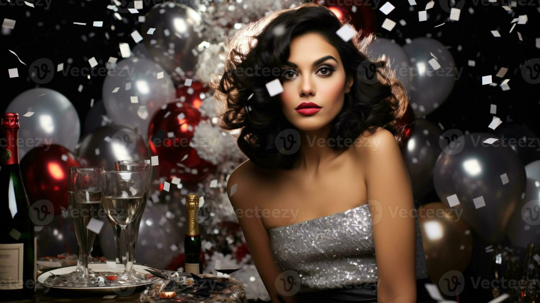 AI generated Glamorous close up portrait of a model at a party, in a party dress, with confetti and balloons. photo
