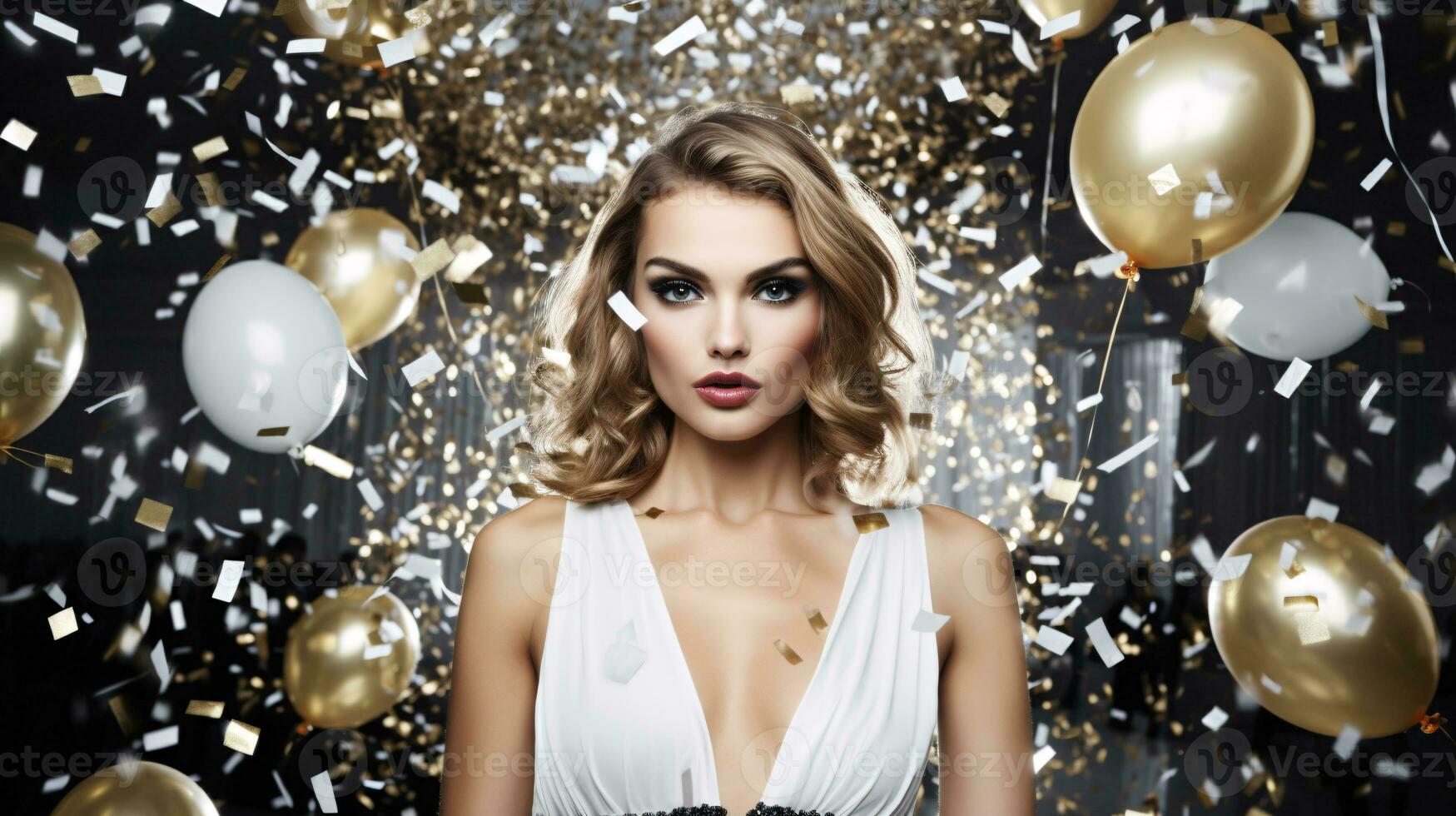 AI generated Glamorous close up portrait of a model at a party, in a party dress, with confetti and balloons. photo