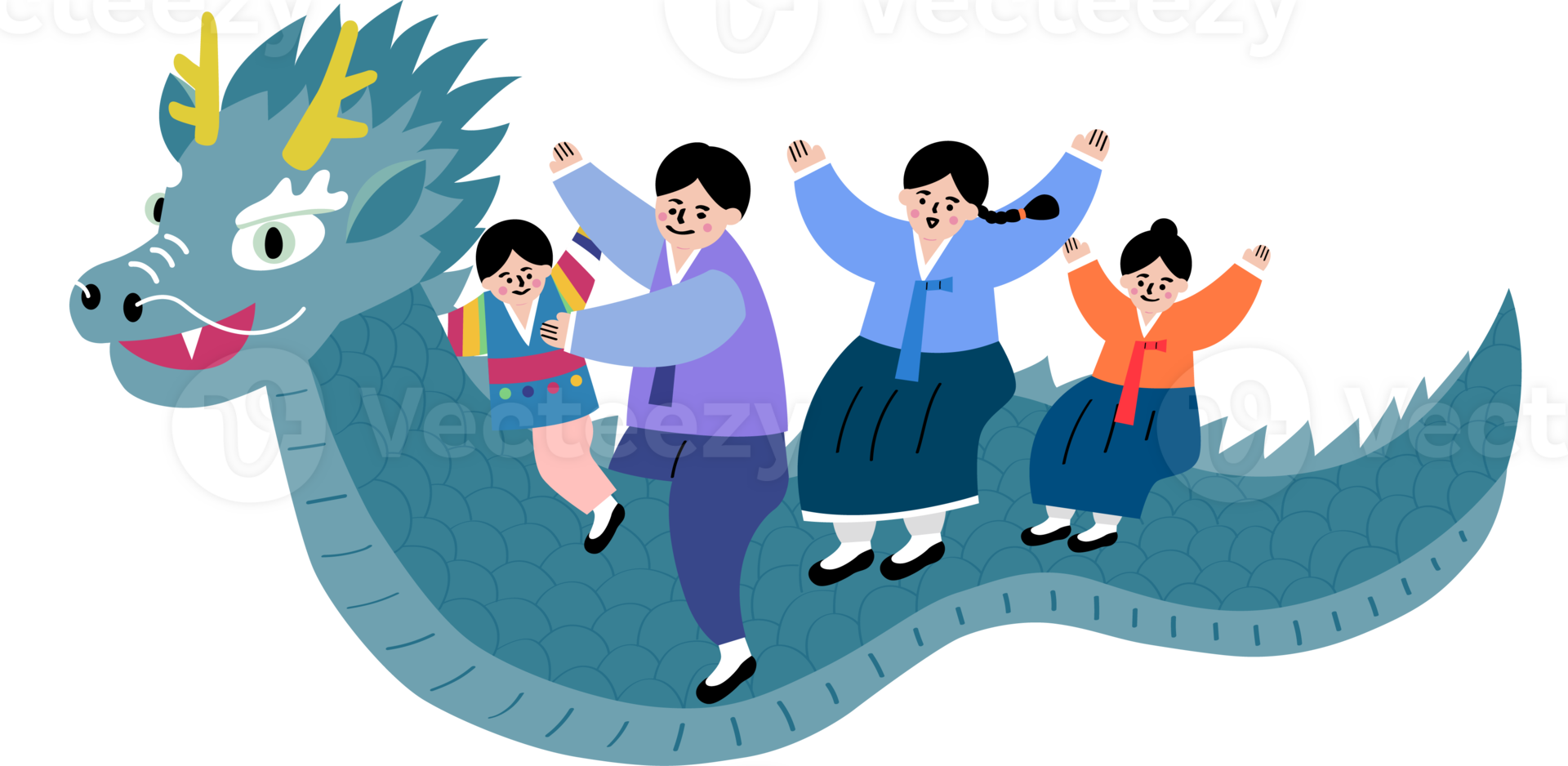 Family riding the Asian Dragon png