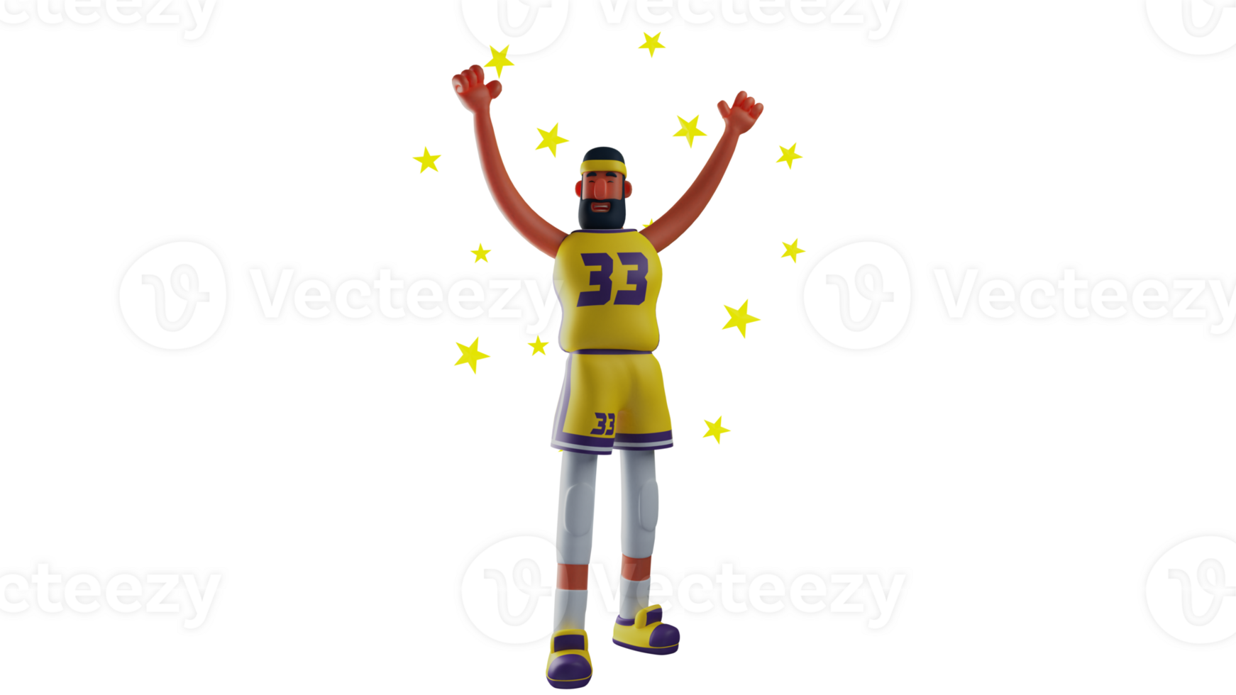 3D illustration. Brilliant Athlete 3D cartoon character. The athlete stands while raising both hands up. The athlete stands surrounded by many shining stars. 3D cartoon character png