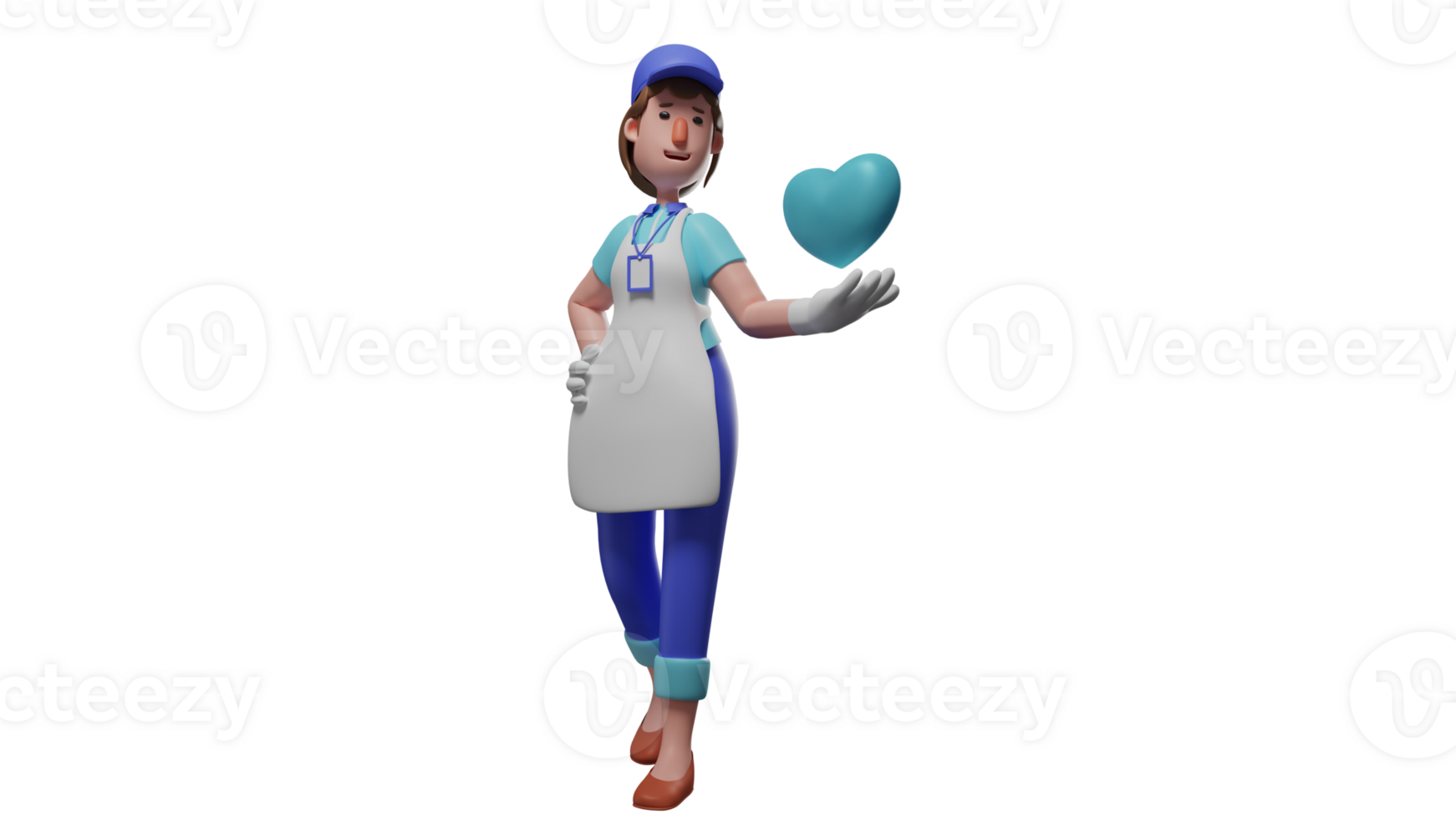 3D illustration. Romantic Girl 3D cartoon character. Young girl working as a waitress. Servant who carry out her work sincerely. Beautiful waitress with blue love in her hand. 3D cartoon character png