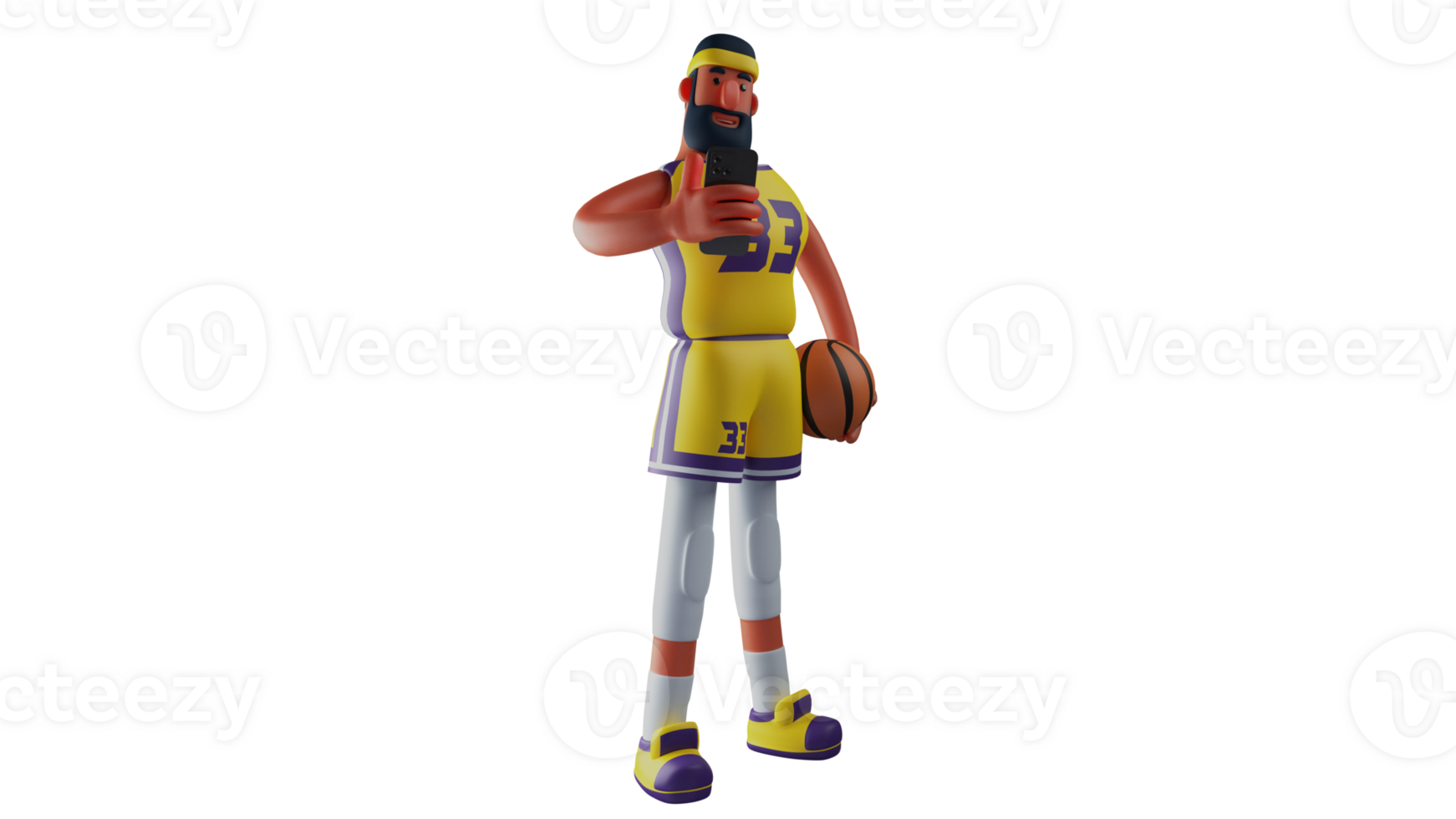 3D illustration. Cool Athlete 3D cartoon character. Basketball player standing while holding cellphone. Young basketball player looking at cellphone and carrying his ball. 3D cartoon character png