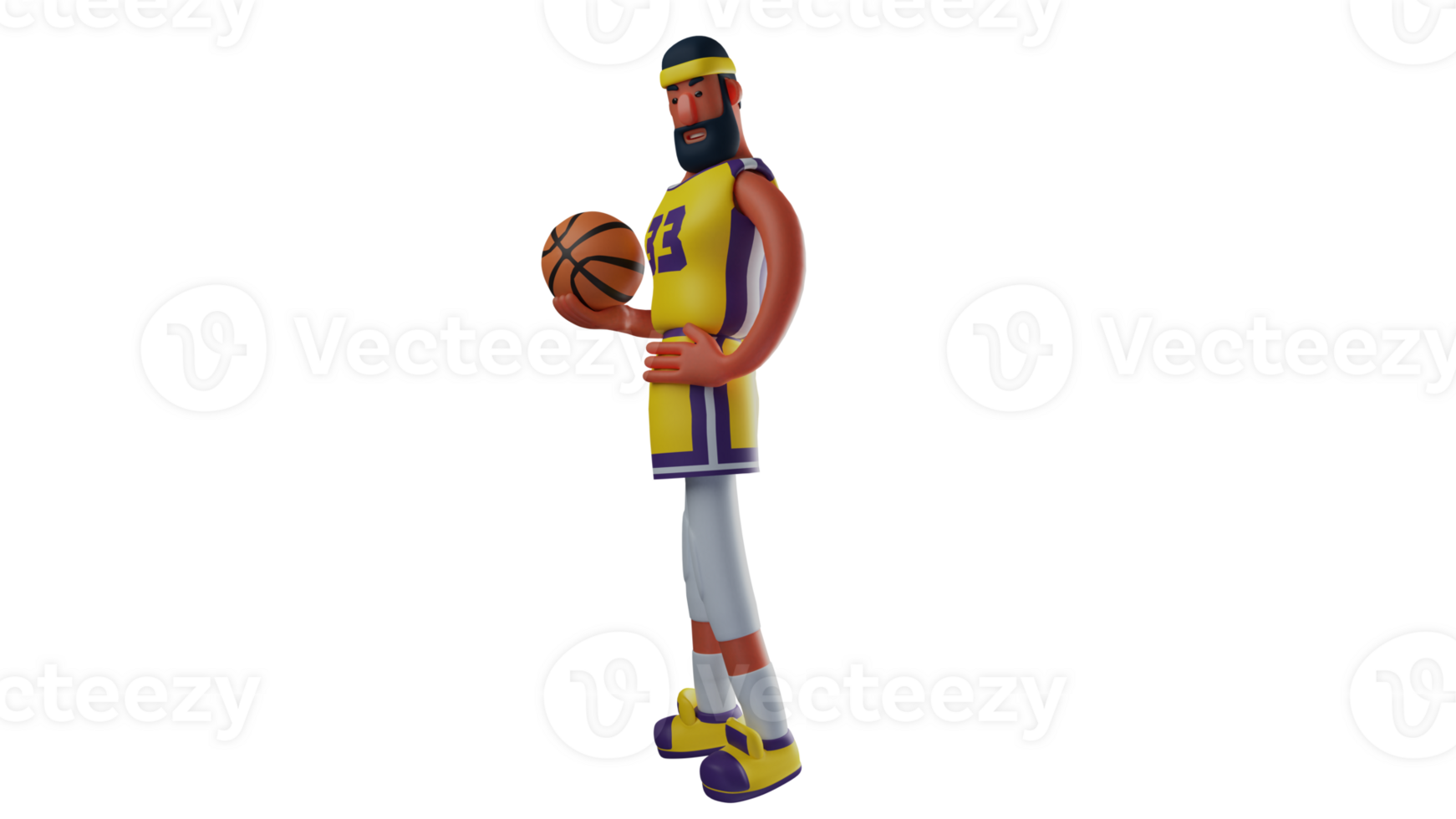 3D illustration. Charming Basketball Player 3D cartoon character. Basketball athlete standing while carrying a basketball. The athlete uses a headband and looks very handsome. 3D cartoon character png