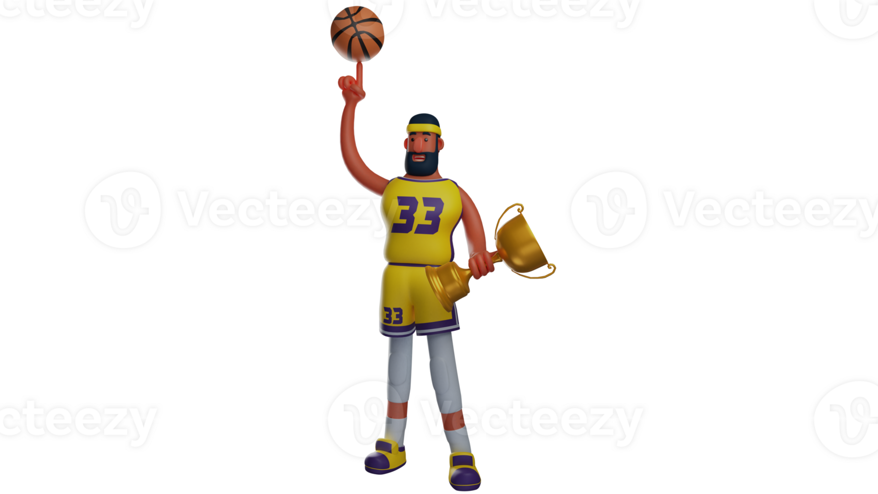 3D illustration. Winner 3D cartoon character. Basketball game winner wears a yellow jersey with the number thirty-three. Athlete holding a golden trophy and his proud basketball. 3D cartoon character png