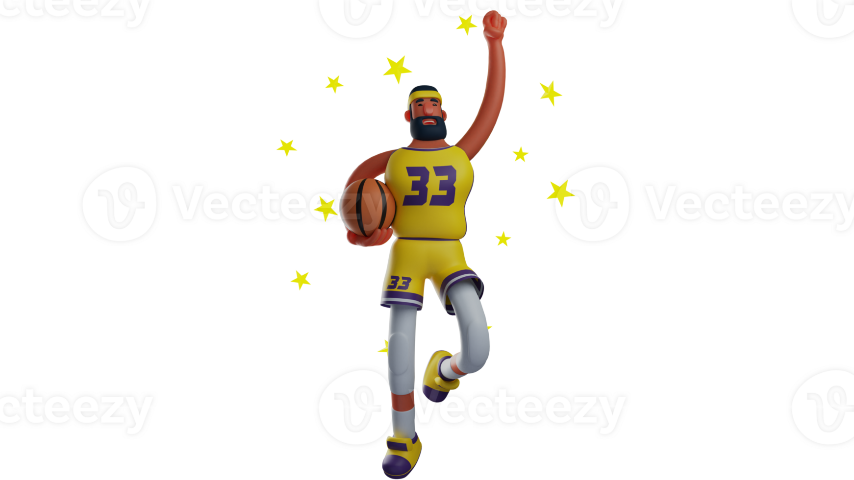 3D illustration. Charming basketball Player 3D cartoon character. The athlete raises one hand and holds the basketball with the other. Athlete surrounded by shining stars. 3D cartoon character png
