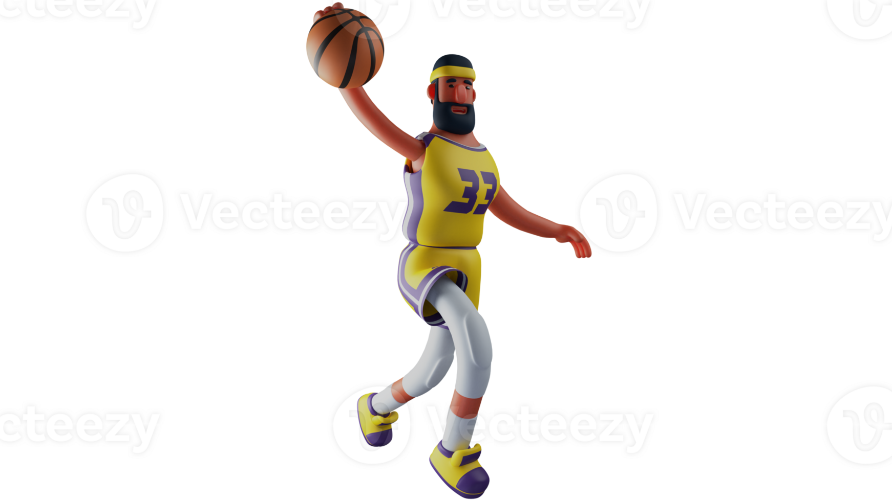 3D illustration. Team Captain 3D cartoon character. Captain who receives the ball from his friend. Basketball captain wearing a yellow jersey dribbles the ball enthusiastically. 3D cartoon character png