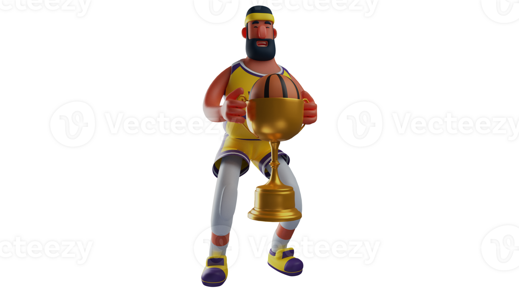 3D illustration. Great Athlete 3D cartoon character. The athlete managed to win the basketball match. The athlete holds the gold trophy he got for winning the match. 3D cartoon character png