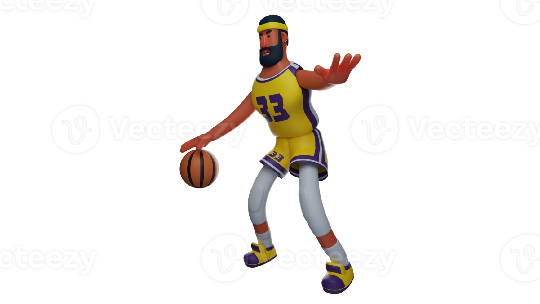 3D illustration. Fierce Athlete 3D cartoon character. Basketball player stretches out one hand to block the opponent. Basketball player showing his scary face. 3D cartoon character png