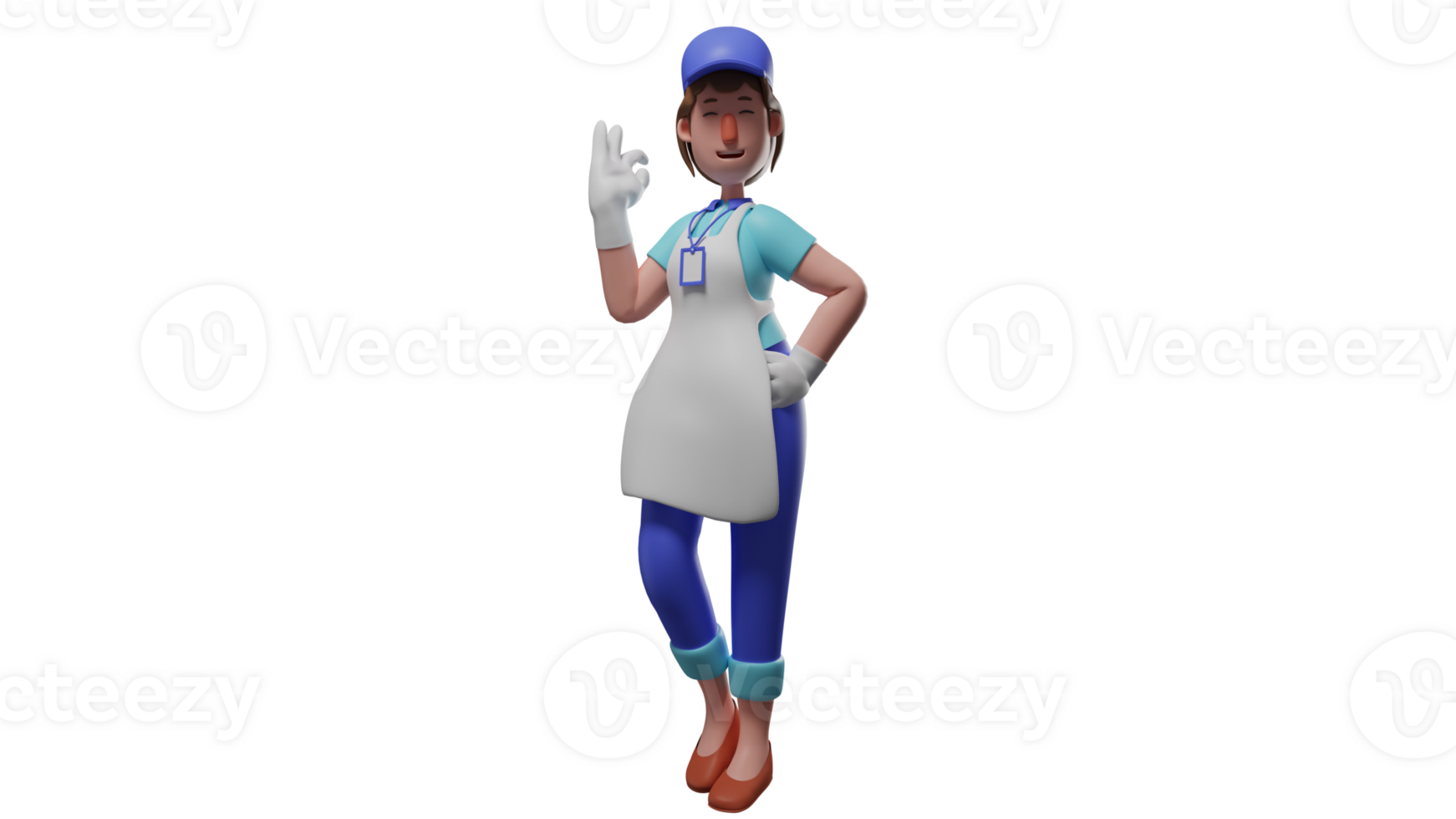 3D illustration. Chef 3D cartoon character. Young chef wearing casual clothes and white apron. The chef has finished working on his cooking. Beautiful chef with okay sign. 3D cartoon character png