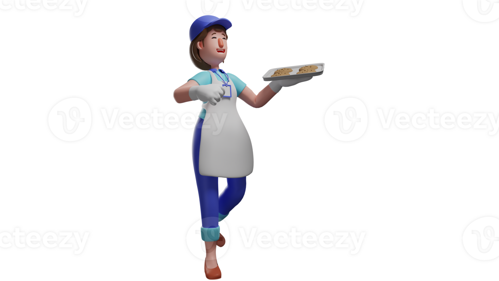 3D illustration. Baker 3D cartoon character. Cute baker who brings cookies. Young mother carrying a tray containing freshly baked cookies. Mother who works as a baker in her shop. 3D cartoon character png