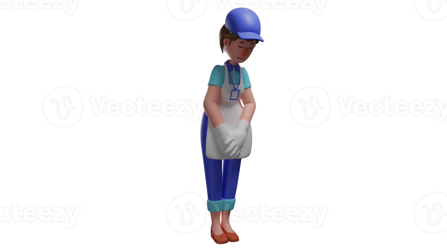 3D illustration. Calm Servant 3D cartoon character. Sweet woman who works as a waitress at a restaurant. The lady maid who stood up and looked down because she made a mistake. 3D cartoon character png