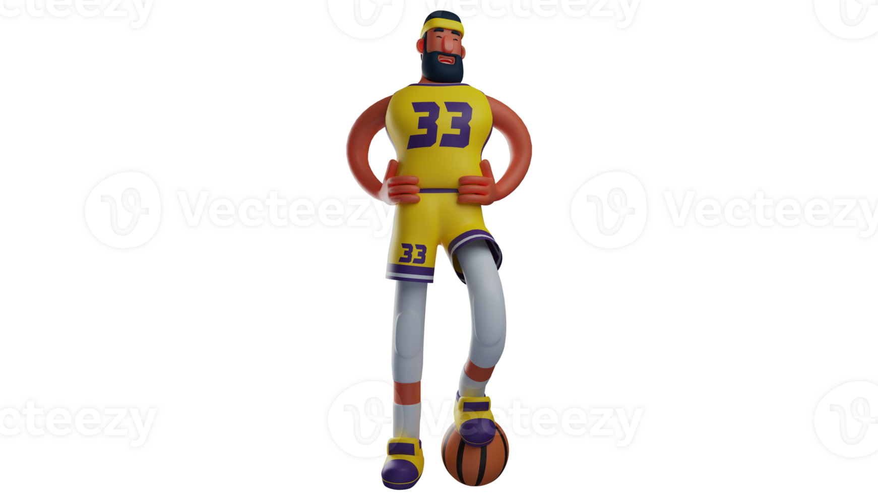 3D illustration. Basketball Coach 3D cartoon character. The student standing is wearing yellow basketball jersey. Basketball player puts both hands on his waist. 3D cartoon character png