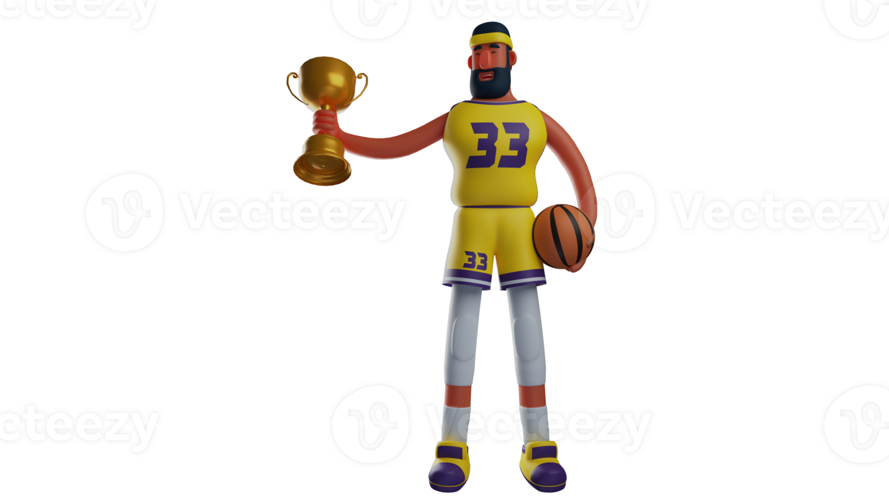 3D illustration. Adorable Athlete 3D cartoon character. Basketball athlete who wins the match. Basketball player lifting gold trophy and carrying basketball. 3D cartoon character png