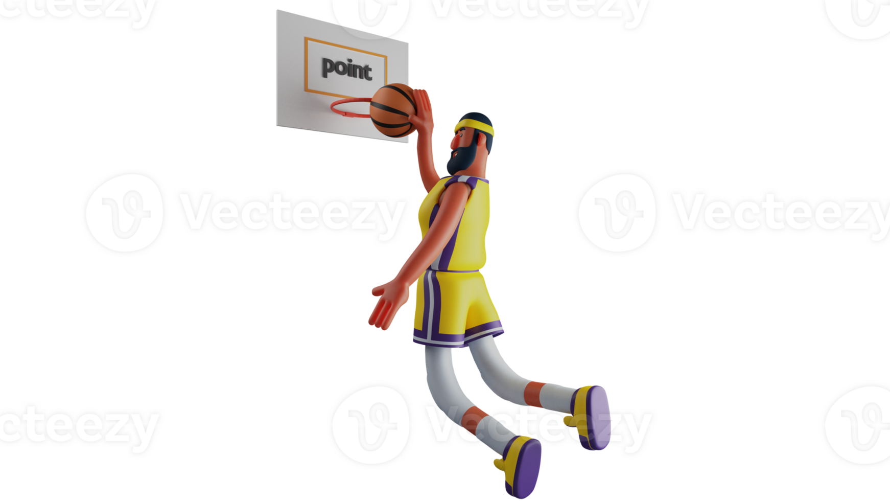 3D illustration. Basketball Player 3D cartoon character. Athlete floats putting the basketball into the hoop. Basketball player successfully dunks the ball and scores points. 3D cartoon character png