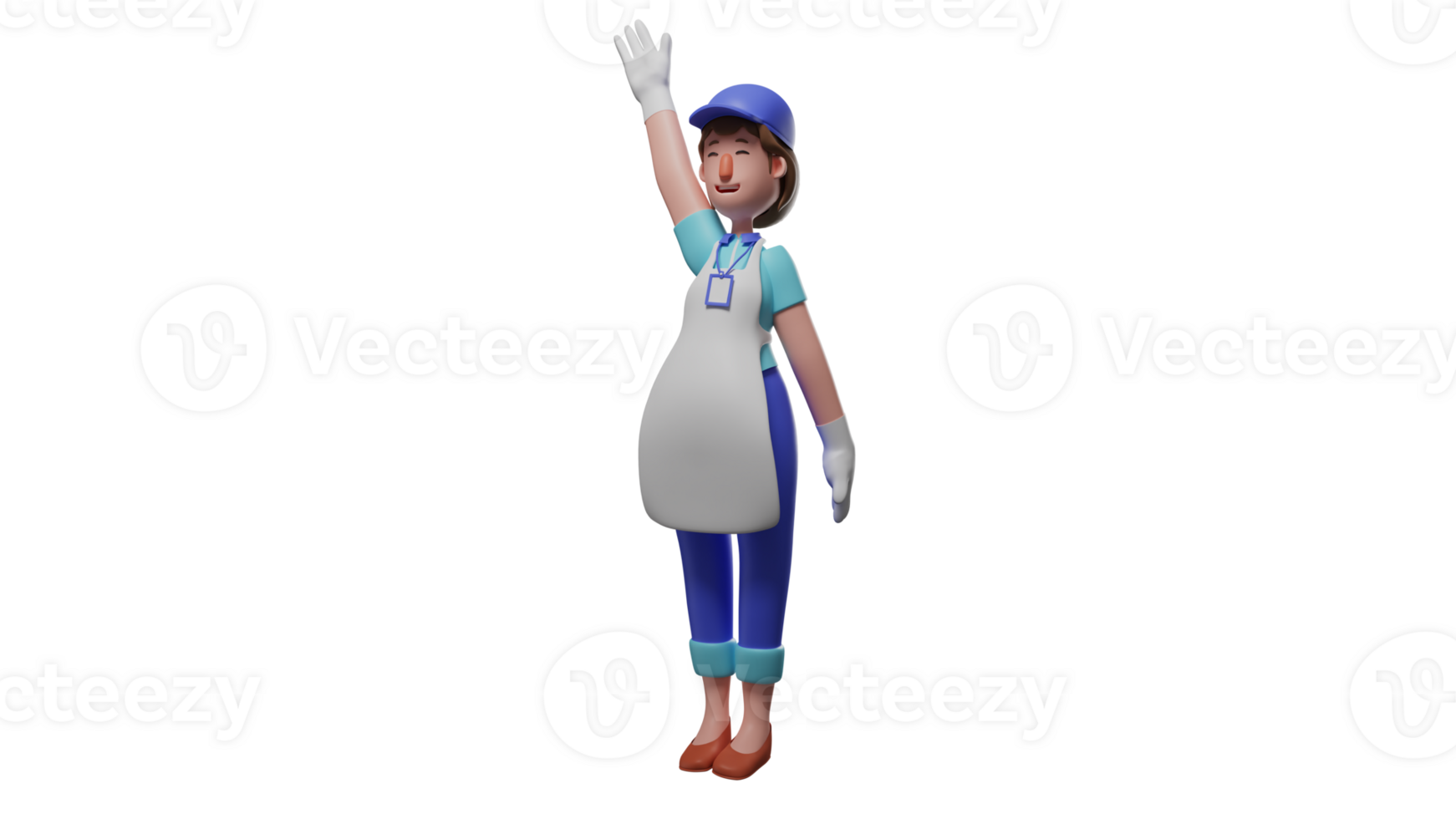 3D illustration. Waiter 3D cartoon character. A friendly waiter is waving his hand to someone. Beautiful waitress wearing casual clothes and white apron. 3D cartoon character png