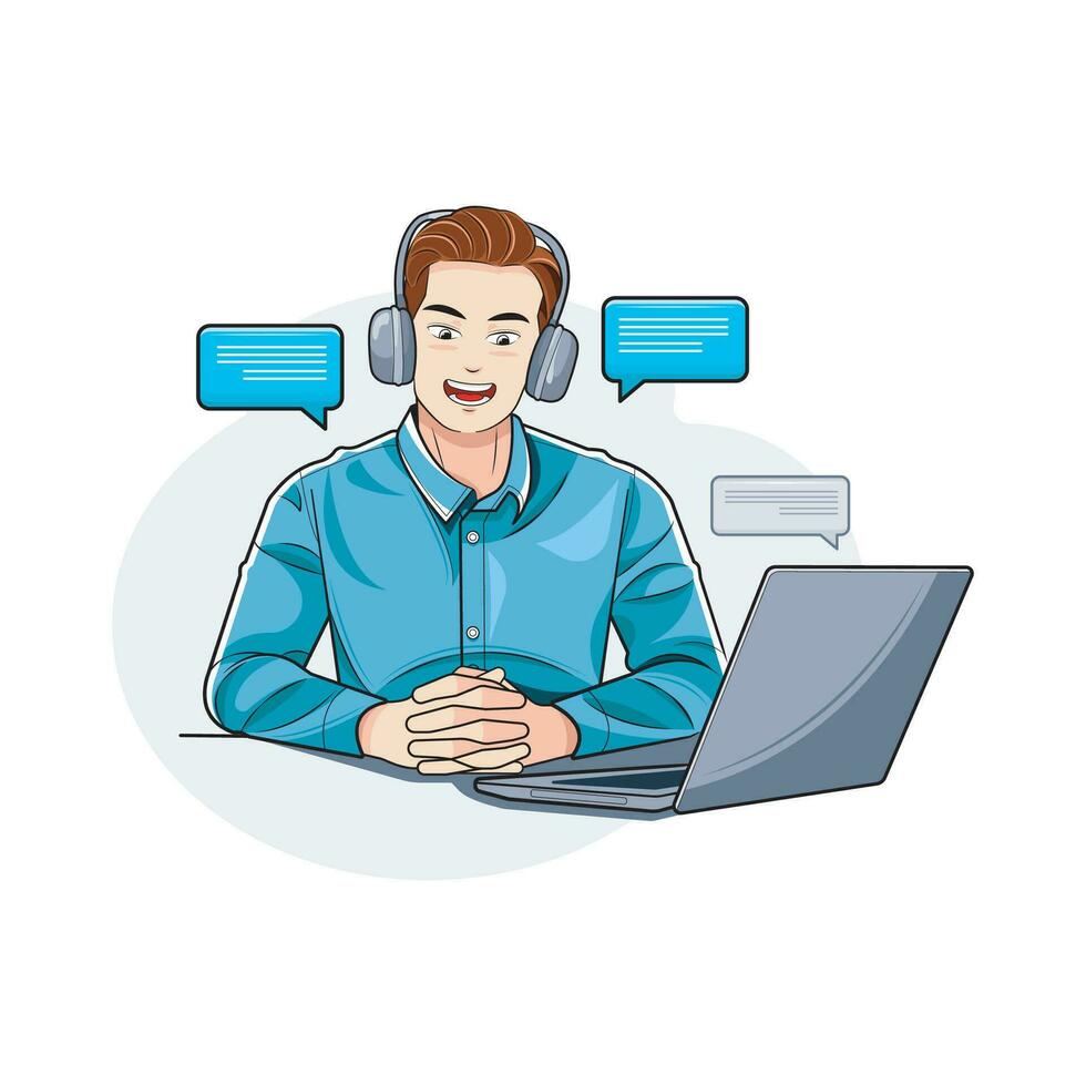 Businessman. a man working in front of a laptop starts a conversation. Vector illustration