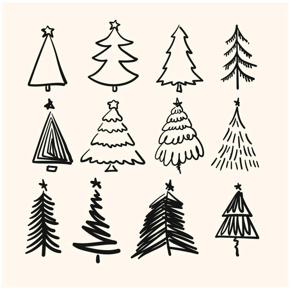 Freestyle hand drawn Christmas tree collection Abstract doodle wooden pattern. vector