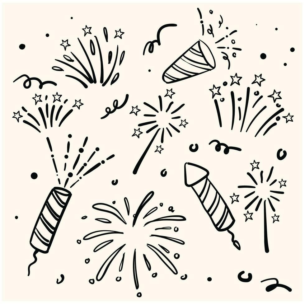 Line art set of fireworks doodle. Fireckrackers in doodle. vector