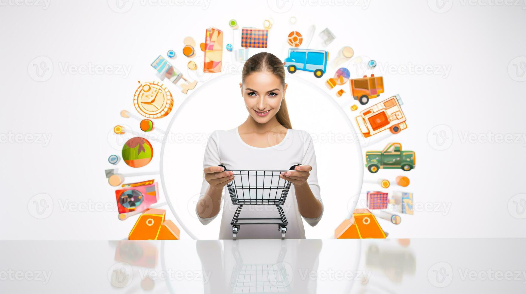 AI generated Online shopping representation with people on digital devices surrounded by gifts and icons of products photo