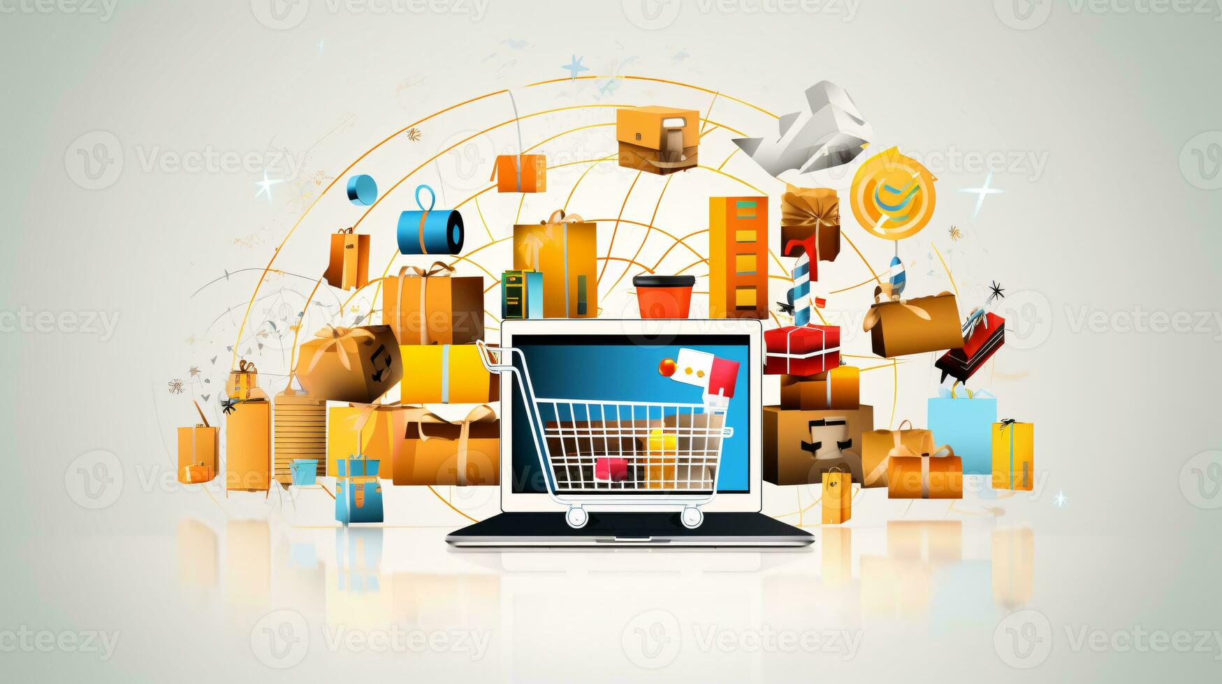 AI generated Online shopping representation with people on digital devices surrounded by gifts and icons of products photo