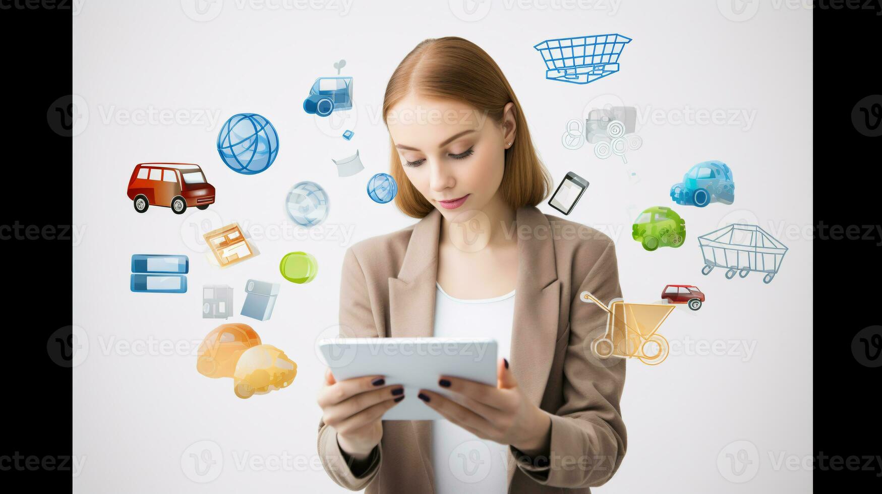 AI generated Online shopping representation with people on digital devices surrounded by gifts and icons of products photo