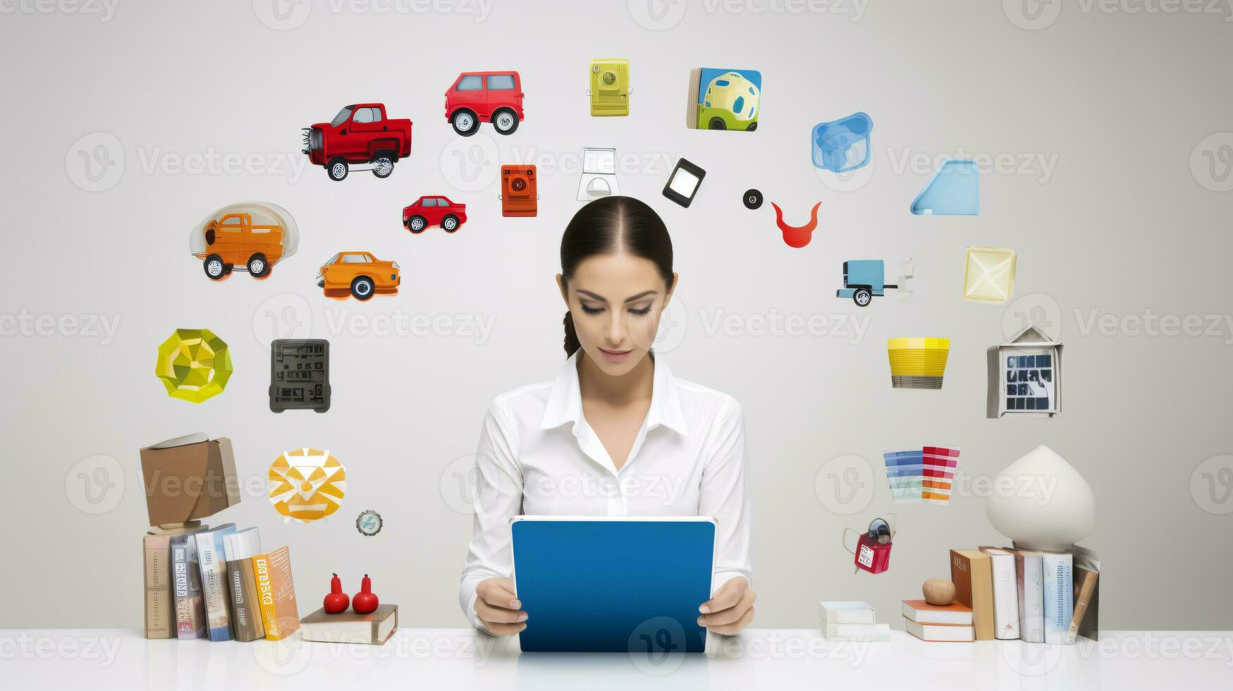 AI generated Online shopping representation with people on digital devices surrounded by gifts and icons of products photo