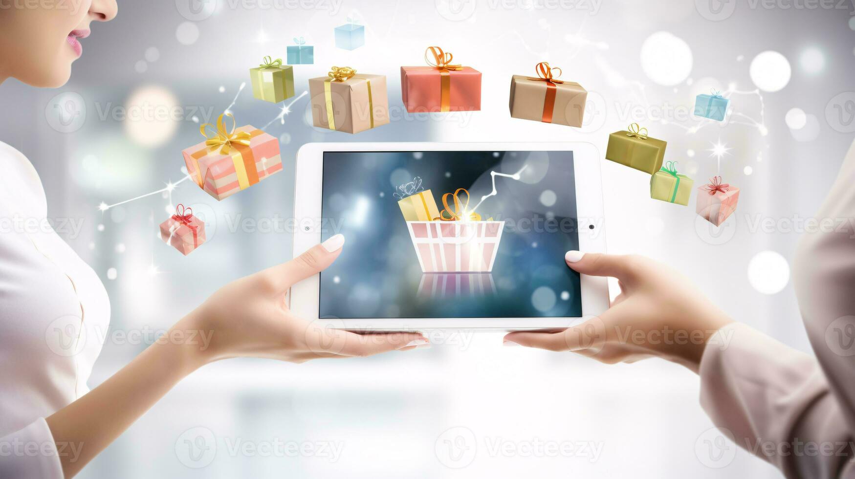 AI generated Online shopping representation with people on digital devices surrounded by gifts and icons of products photo