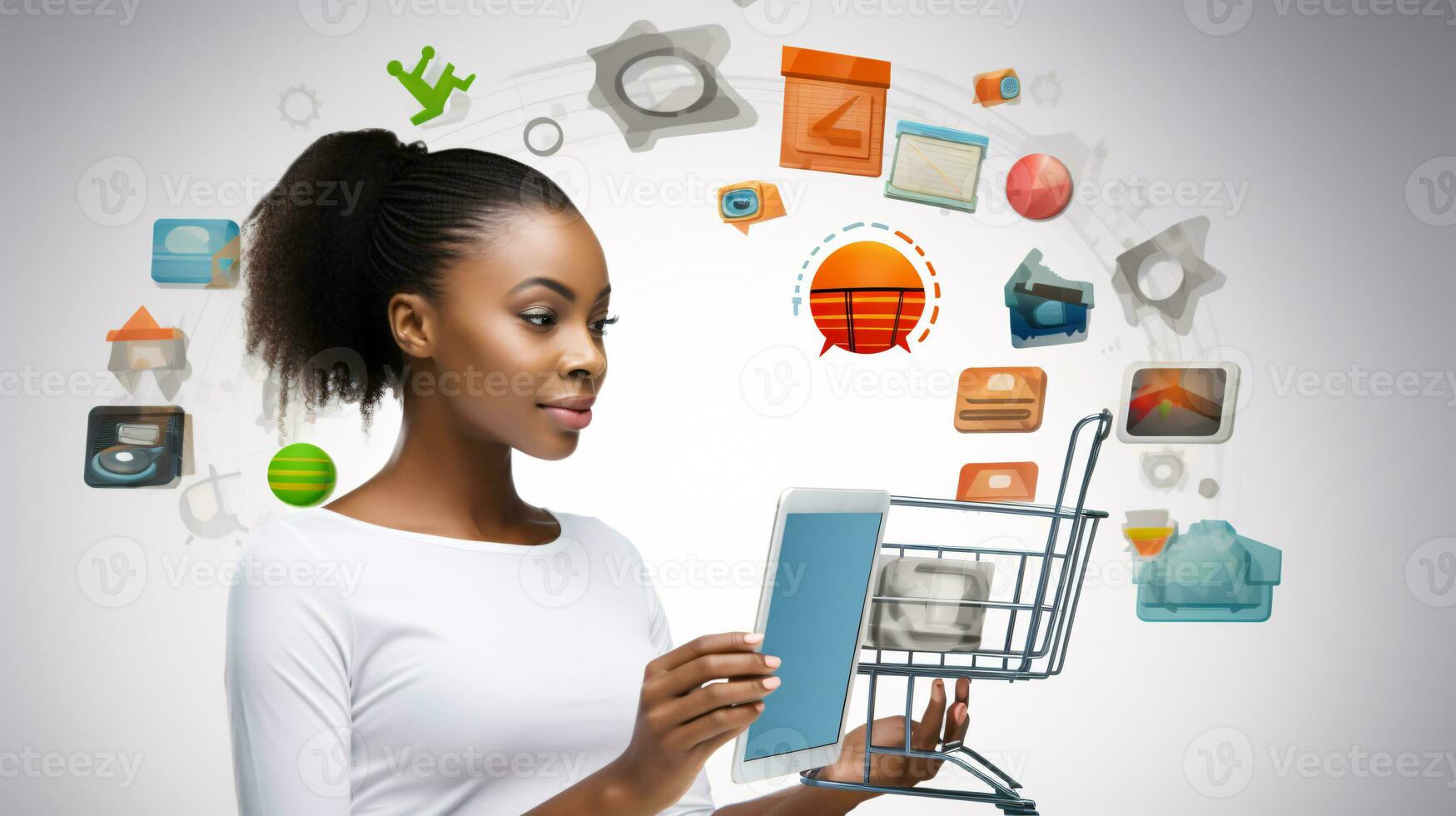 AI generated Online shopping representation with people on digital devices surrounded by gifts and icons of products photo