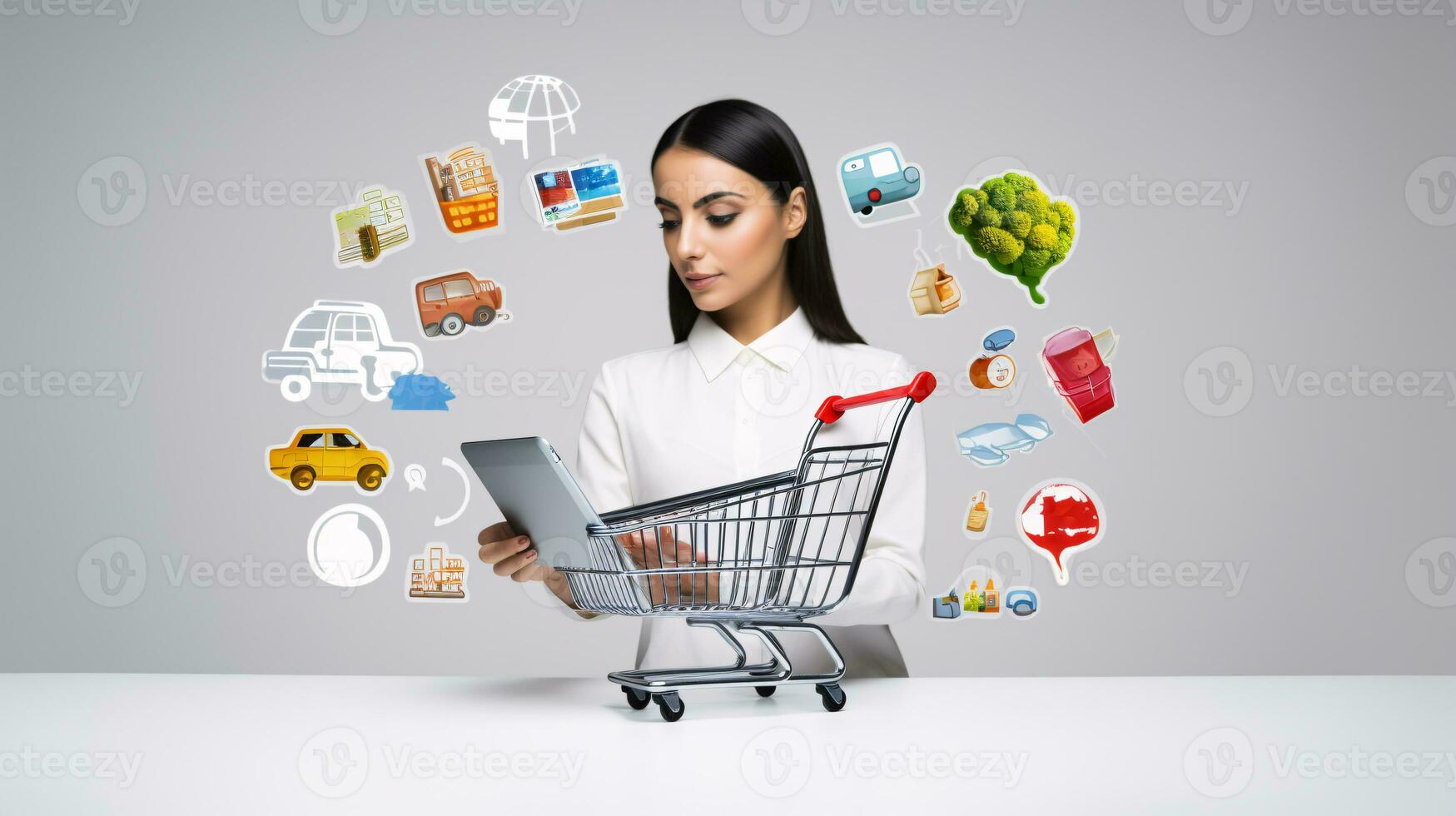 AI generated Online shopping representation with people on digital devices surrounded by gifts and icons of products photo