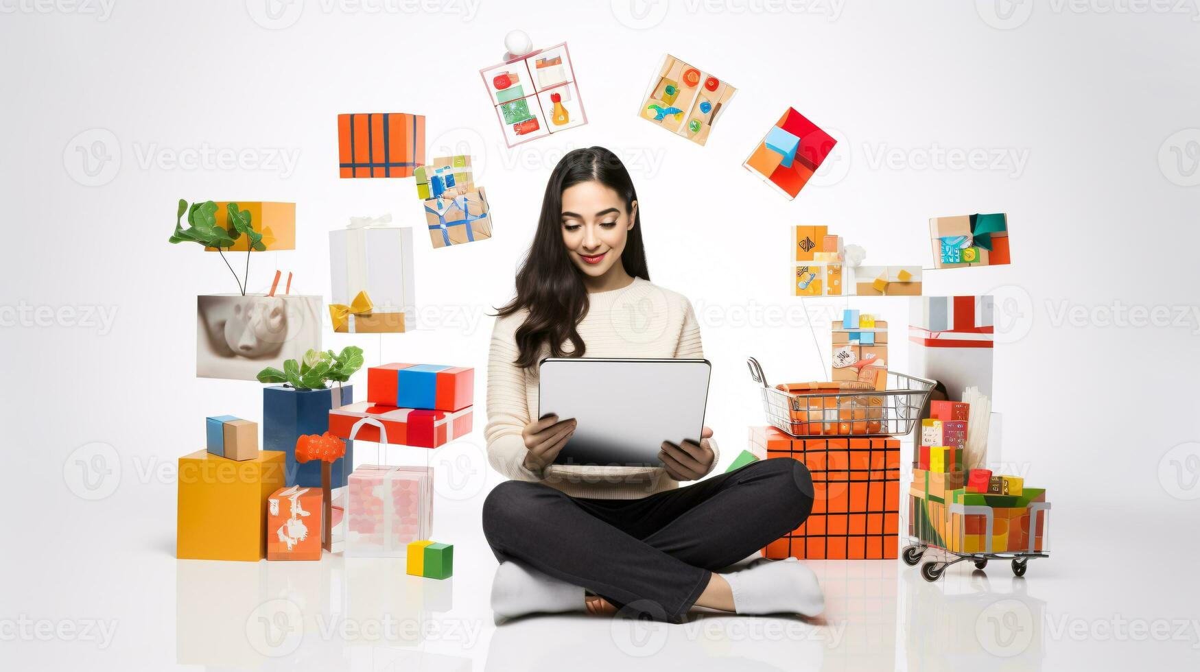 AI generated Online shopping representation with people on digital devices surrounded by gifts and icons of products photo