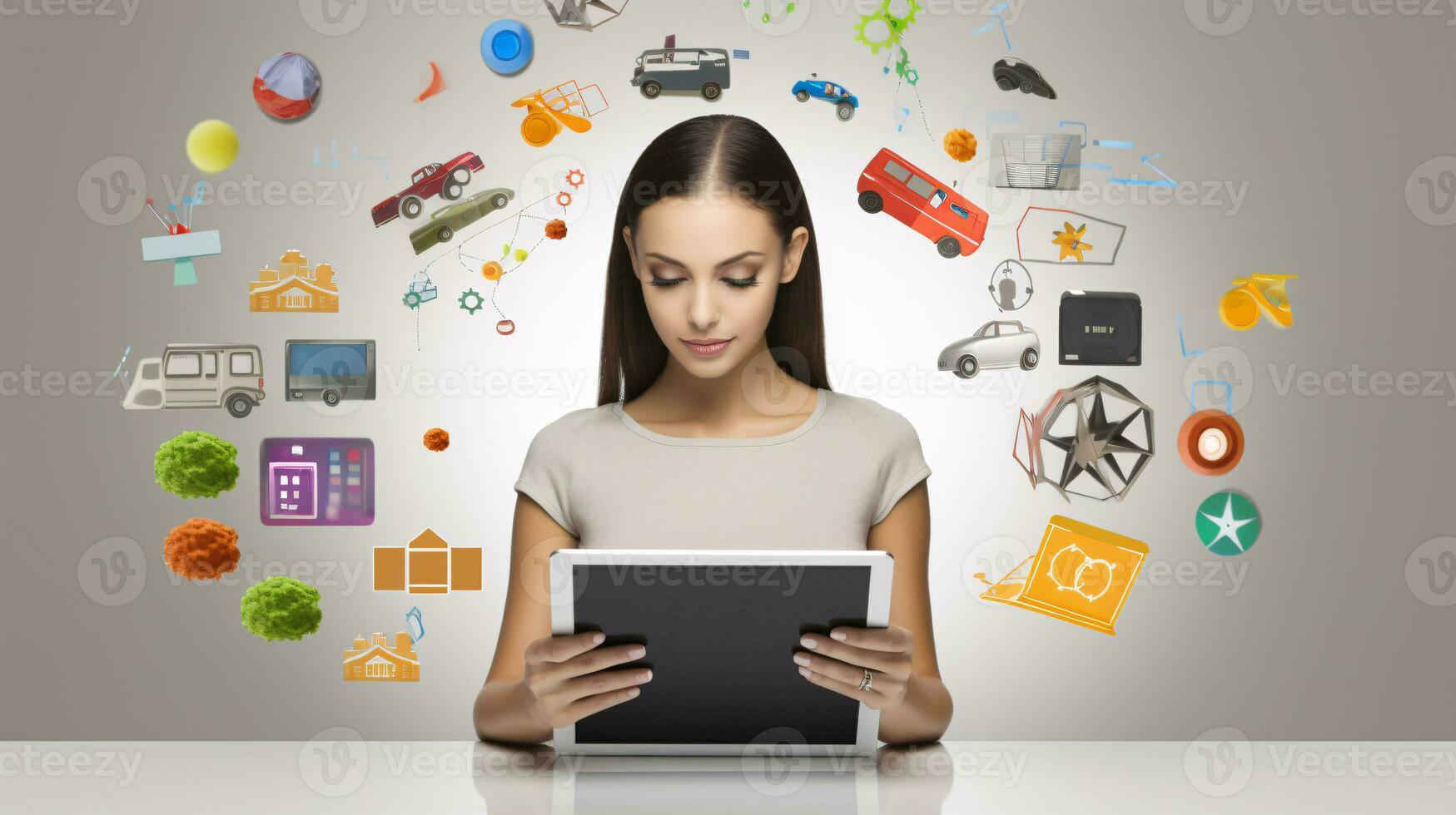 AI generated Online shopping representation with people on digital devices surrounded by gifts and icons of products photo