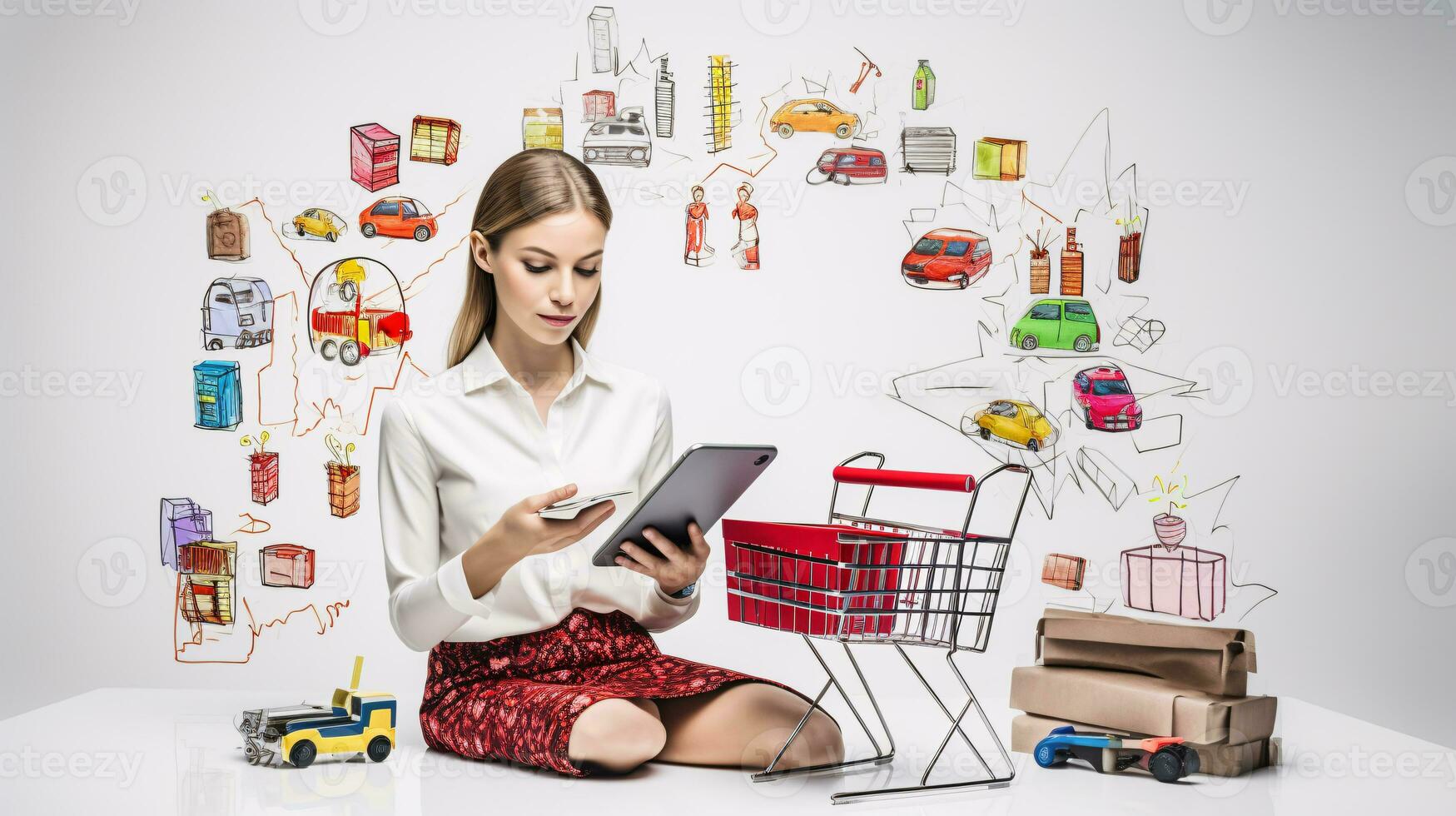 AI generated Online shopping representation with people on digital devices surrounded by gifts and icons of products photo