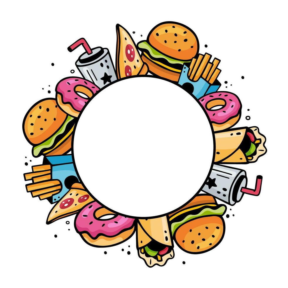 Hand drawn fast food round frame, copy space template. Sketch of snack elements. Doodle Fast food circular frame. Sketch of snacks. Fast food doodles. Colorful street food. vector
