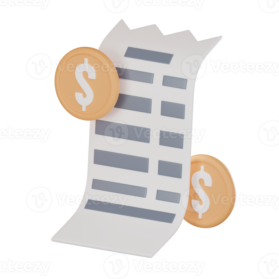 Financial Transaction Concept 3D Paper Bill Receipt Payment Icons with Coins. 3D render png