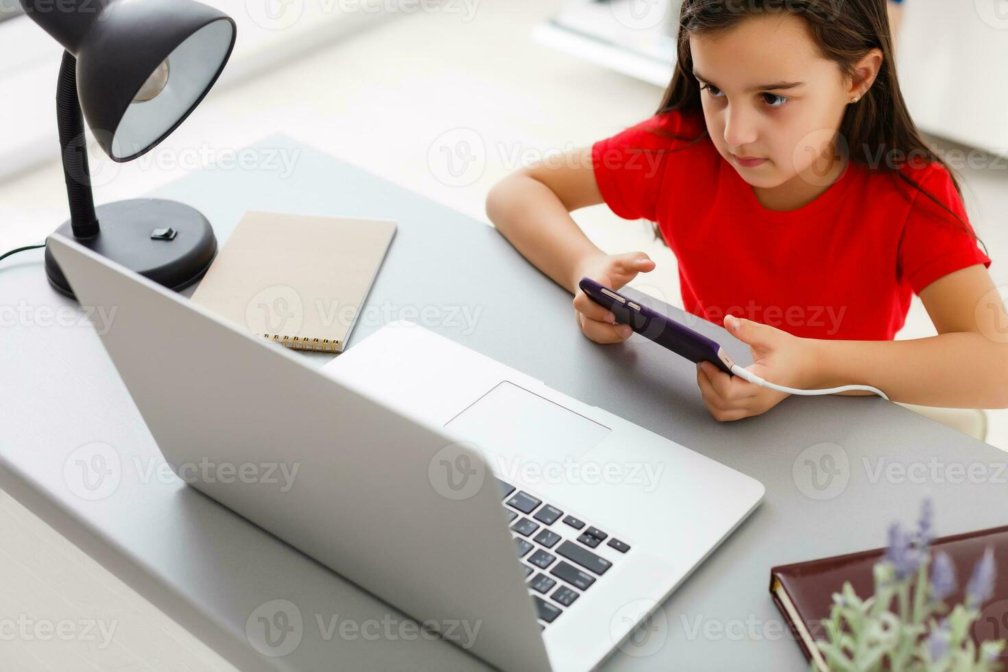 Remote lessons. The child smiles happily and gets knowledge remotely. Little girl study online learning from home with laptop. Online school. photo