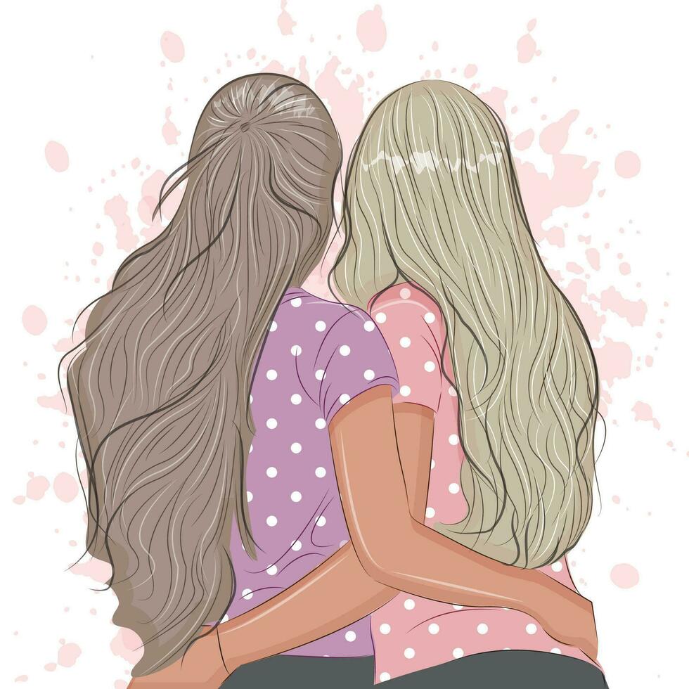 Two girl friends with long hair, hugging, back view print vector