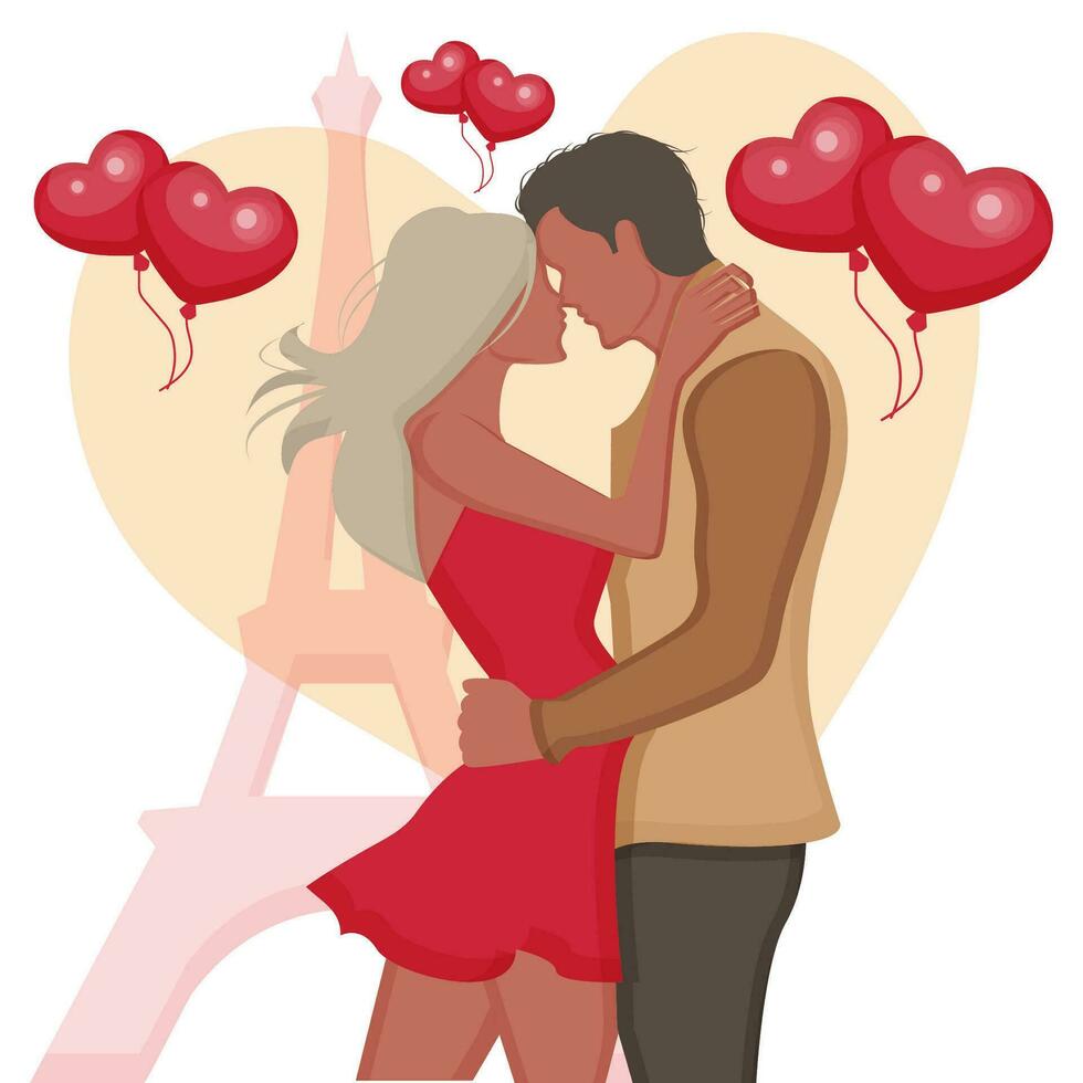 Loving couple man and woman flat style on Eiffel Tower background and heart shaped balloons Paris Romance Valentine's Day template Valentine's Day sticker print vector