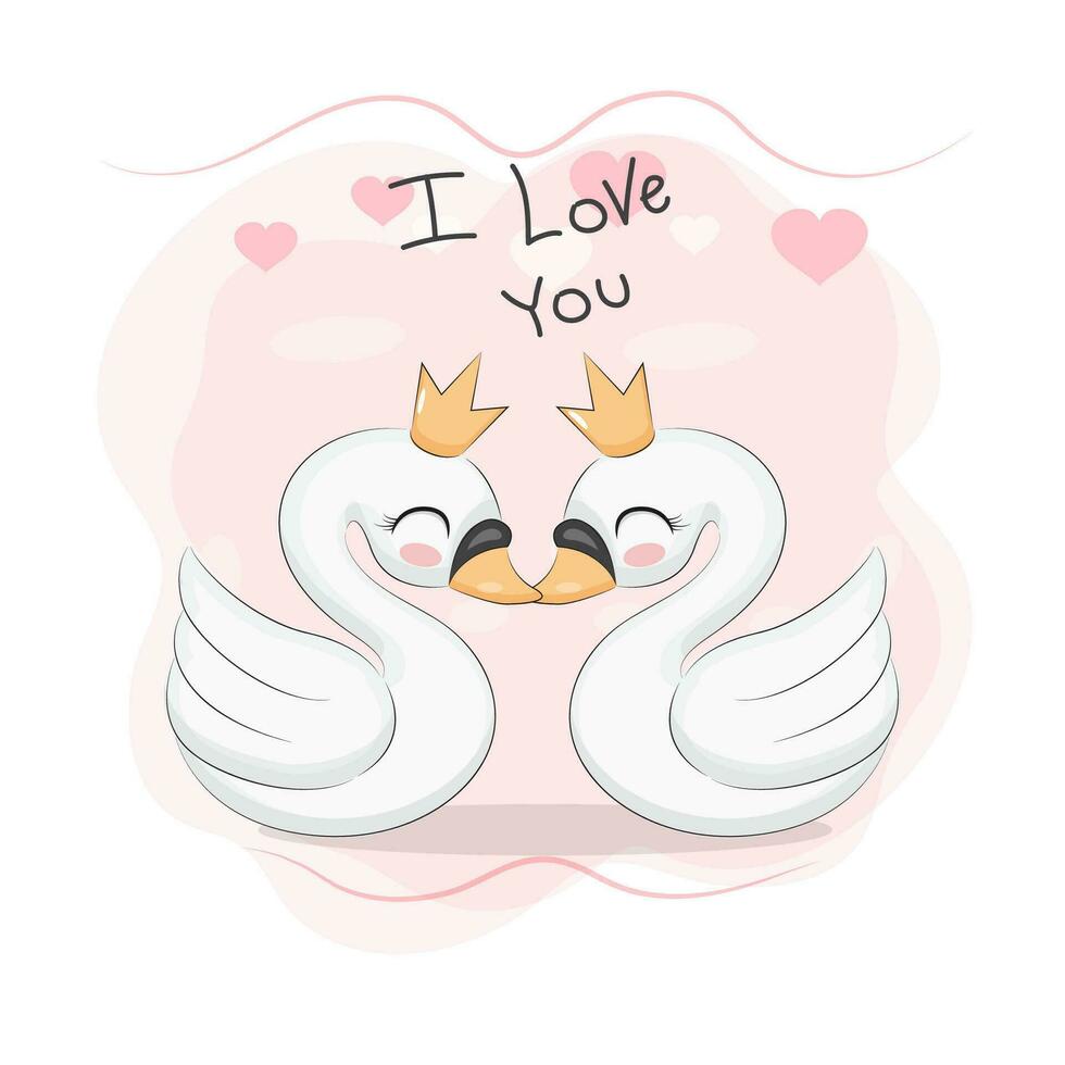 cute valentine couple white swans kiss template for valentine's day vector illustration