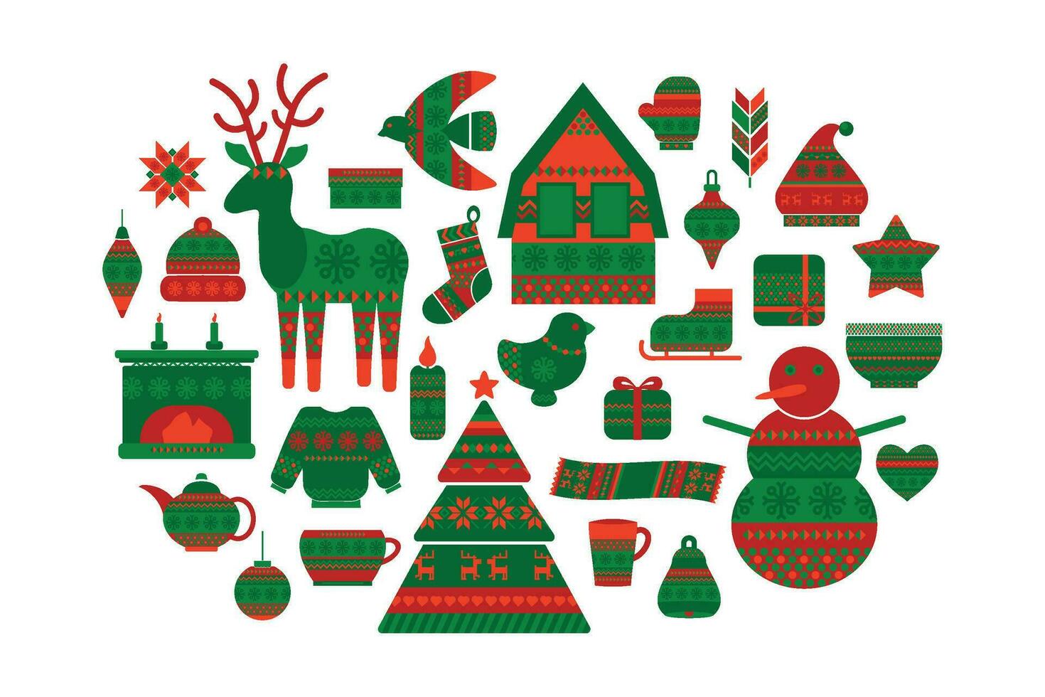 Winter Icons Norwegian Holiday Green Pattern Set vector