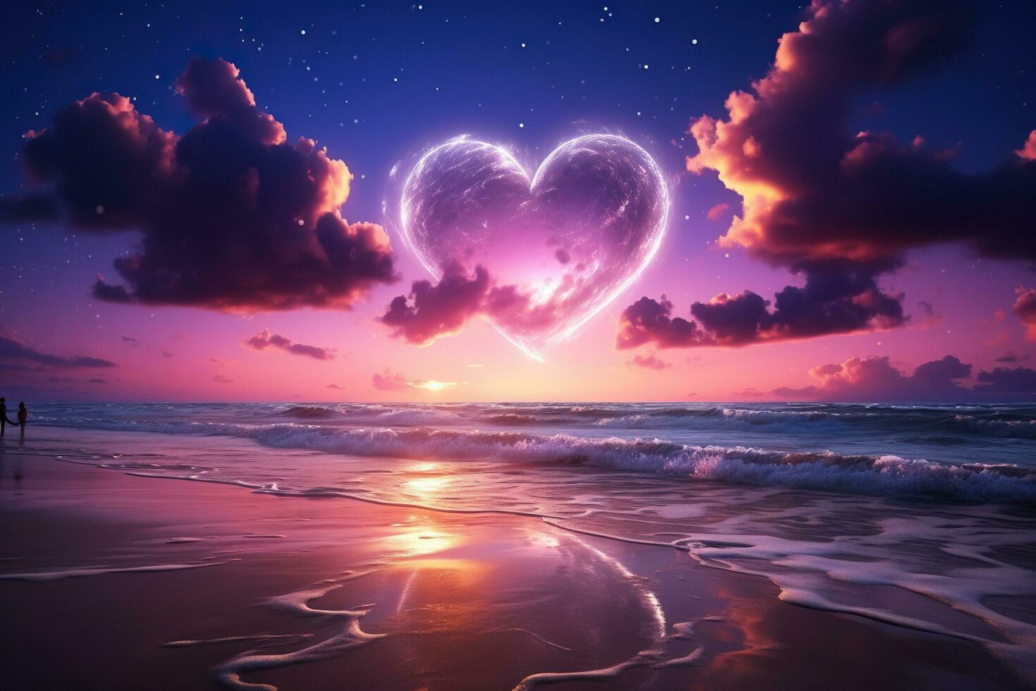 AI generated Pink heart in the sky over the sea. Romantic landscape. Generated by artificial intelligence photo