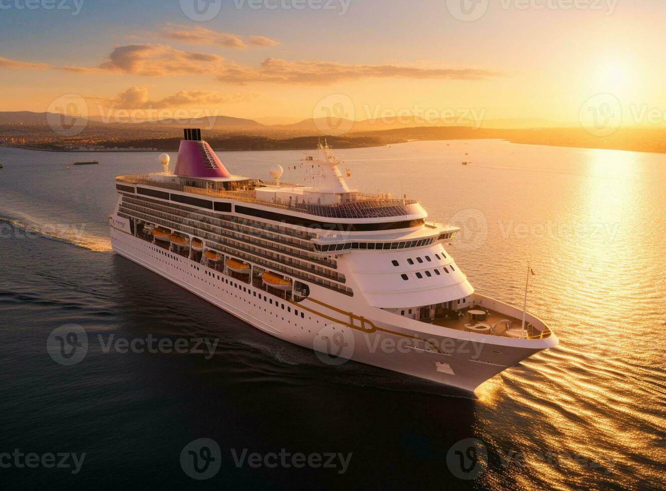AI Generated Big luxury cruise ship sailing along a cost. Blue cloudy sky Sunset sun in the background. Calm ocean surface. Travel and tourism industry. Luxury liner voyage. Holiday with high level of photo