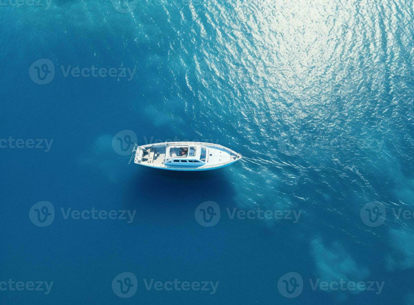 AI Generated Aerial drone photo of small luxury yacht cruising in deep blue sea near Aegean island, Greece