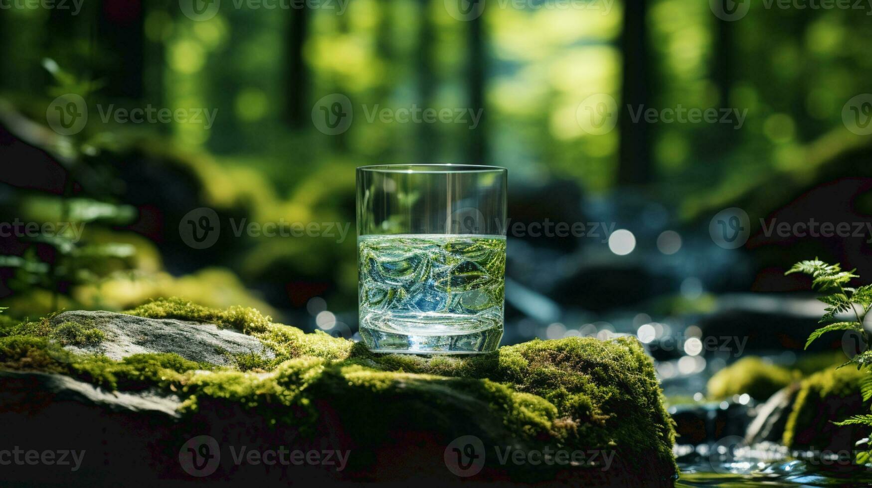 ai generado un vaso de agua con verde naturaleza y montaña reflexión foto