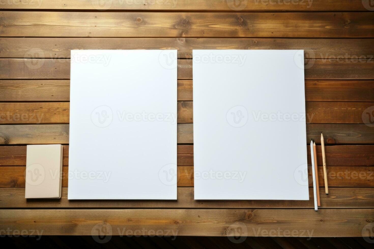 AI generated Two blank drawing sheets on the table. Searching for ideas for creativity photo