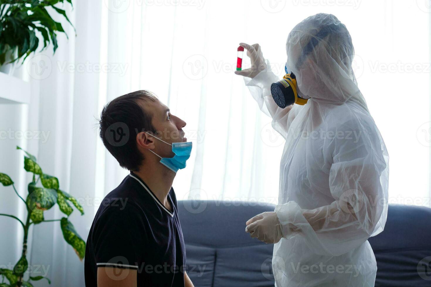 Coronavirus symptoms. Doctor protective equipment examines male patient suspected coronavirus infection. Virulent infectious disease caused by coronavirus. Diagnosis of pneumonia. Sars concept. photo