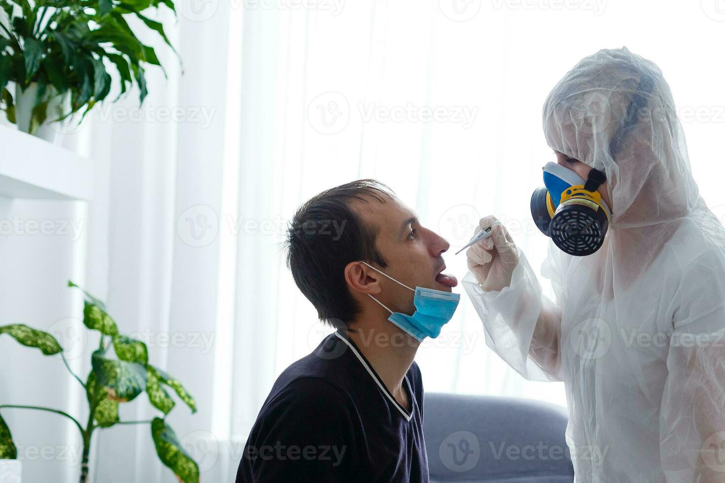 Coronavirus symptoms. Doctor protective equipment examines male patient suspected coronavirus infection. Virulent infectious disease caused by coronavirus. Diagnosis of pneumonia. Sars concept. photo