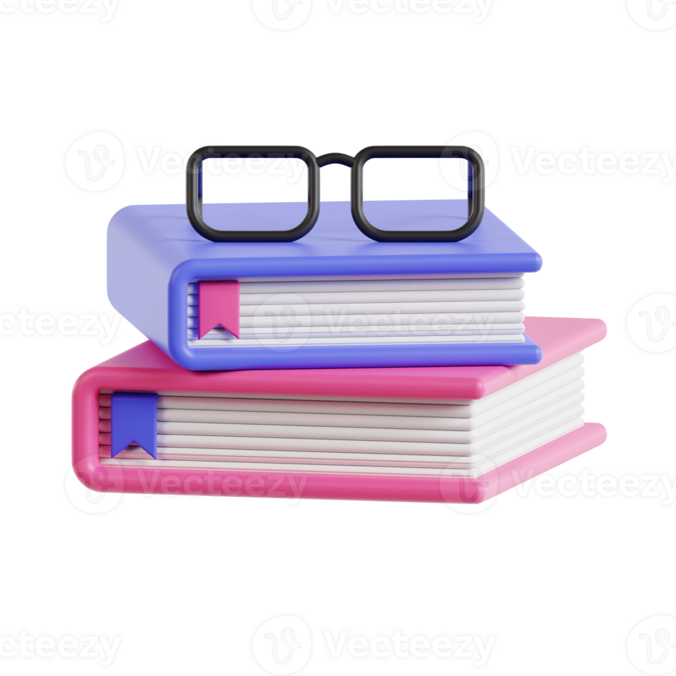 3d books and glasses with transparent background, library 3d icon set png