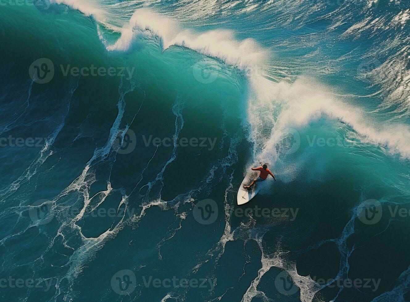 AI Generated Surfer on the crest of a wave. Layers of turquoise and blue paints. Artistic work photo