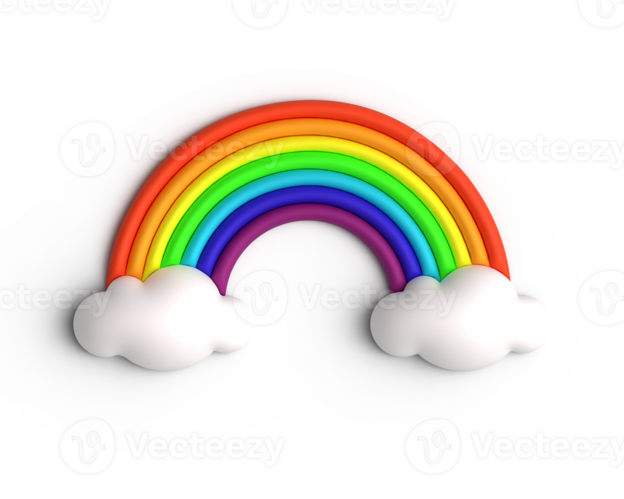 colourful 3D render rainbow arc and clouds on isolated in sky blue background bright colors cartoon style icon minimal, cute realistic plastic weather, LGBT community, holiday object seasonal concept png